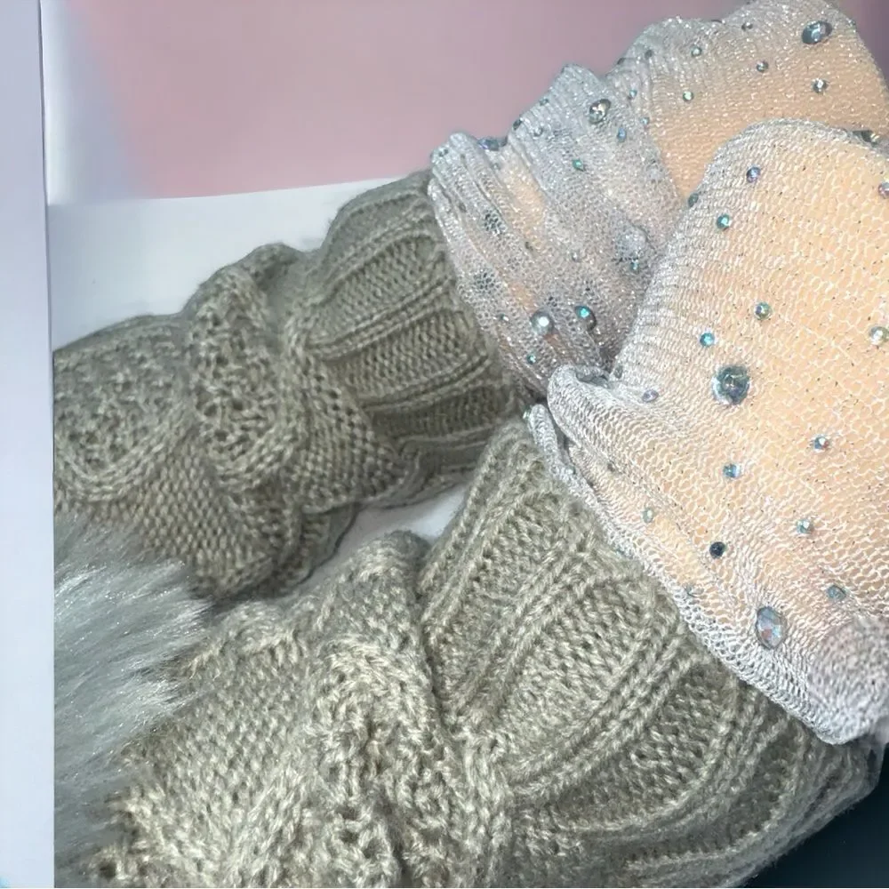 SXY l Elegant Silver Arm Sleeves Shimmery & Sheer, Gray Fuzzy, Fingerless Gloves
